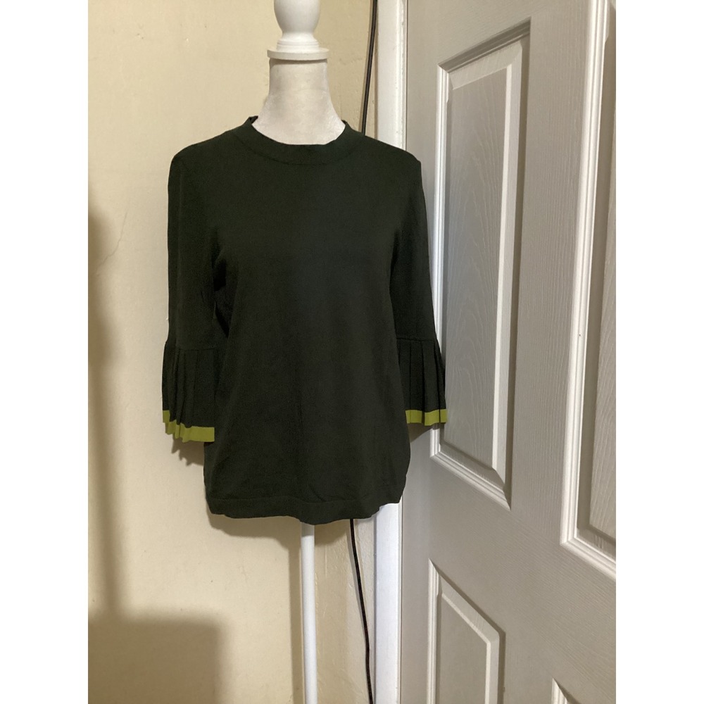 COS Dark Green Pleated Bell Sleeve Knit Top Contrast Trim Size S